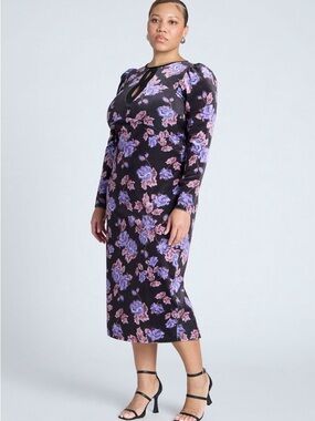 Eloquii Black Floral Keyhole Midi Dress with Purple and Pink Blooms